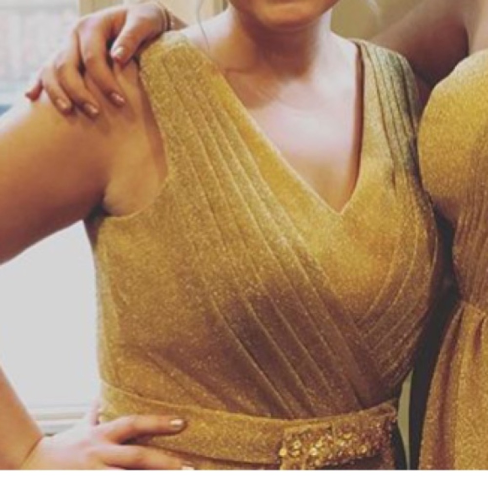 Long, floor-length gold bridesmaid dress